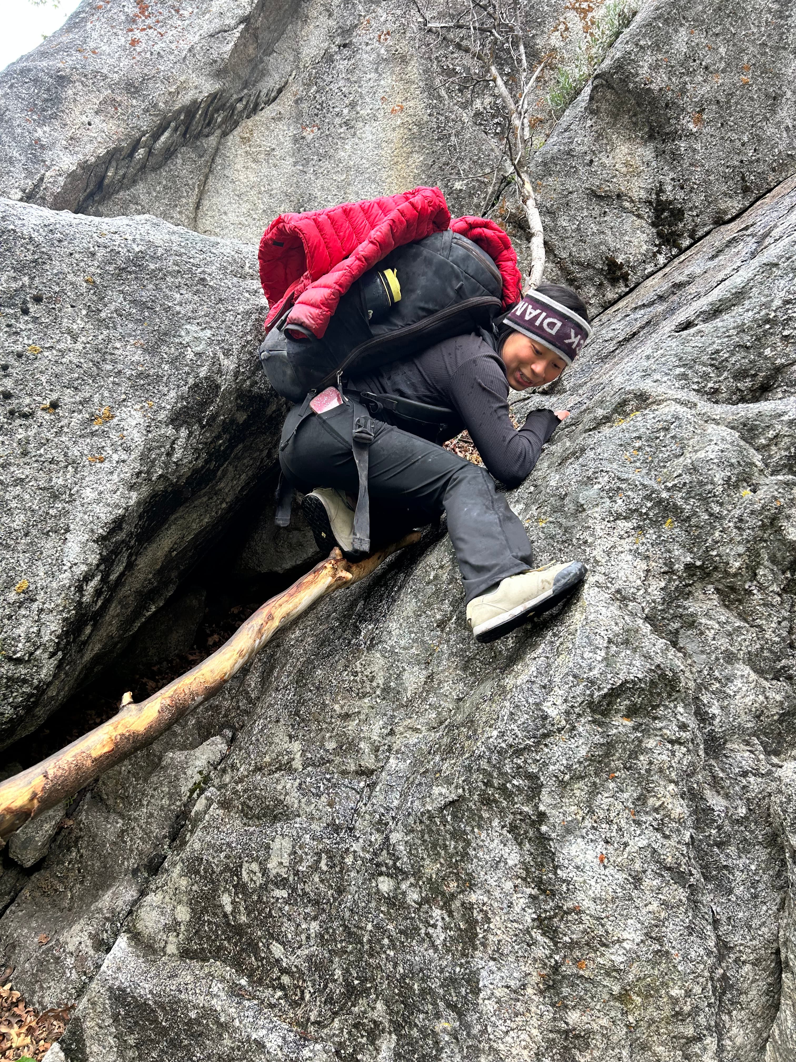 Downclimbing in the rain with Tammy, Little Cottonwood.